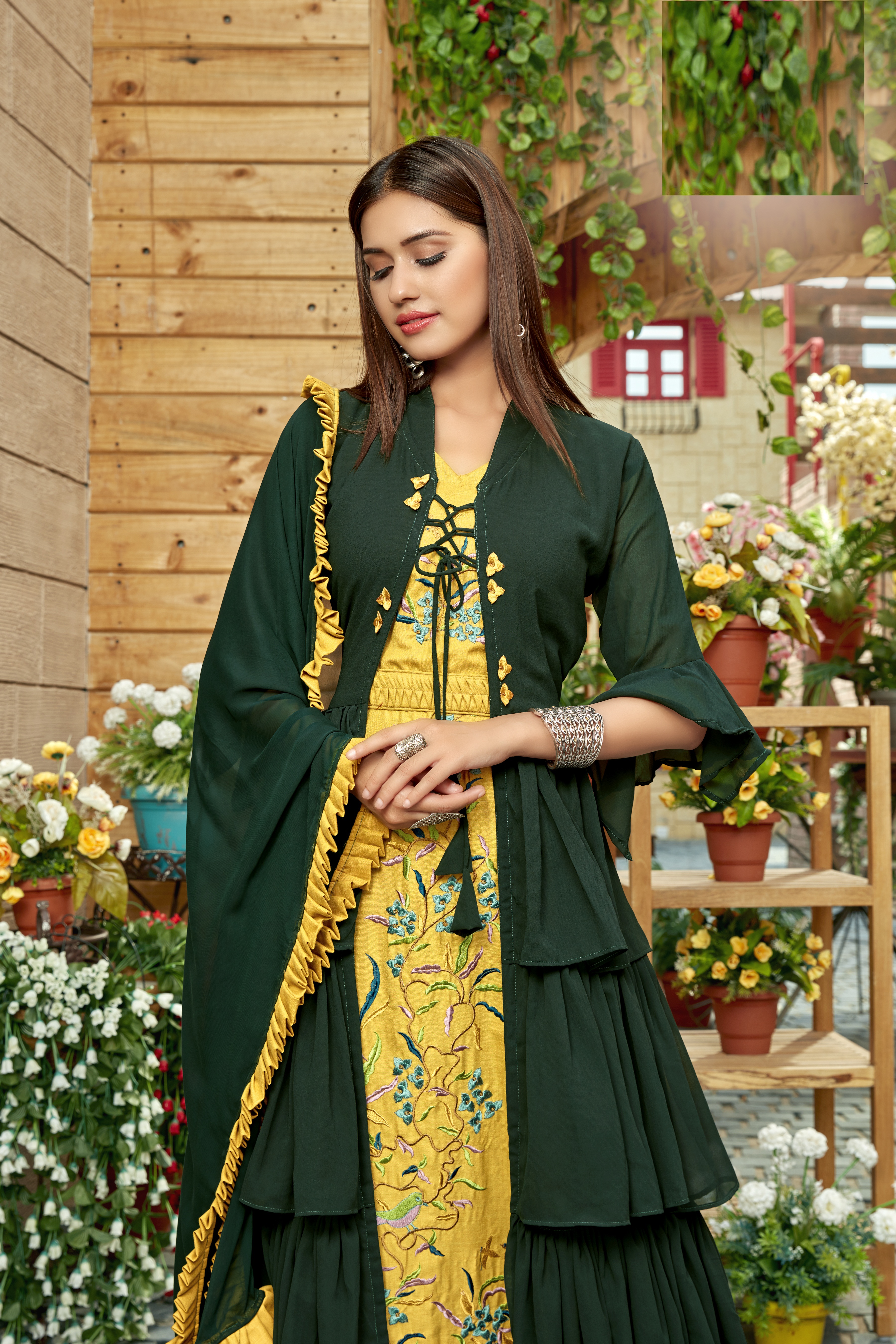 Yellow and Green Flared Gown in Georgette With Shrug