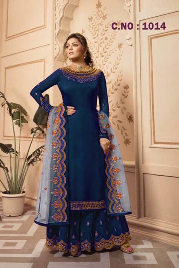 Navy Blue Net Dupatta Embroidered Salwar Suit in Satin Georgette