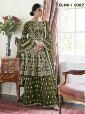 Mehendi Green Embellished Florel Work Straight Salwar Suit