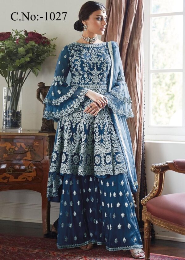 Rama Blue Embellished Florel Work Straight Salwar Set - Pakistani Suit