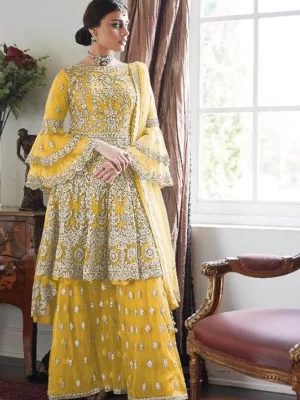 Fressia Yellow Embellished Florel Work Straight Salwar Set - Pakistani Suit