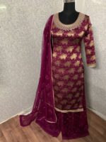 Grape Purple Net Dupatta Embroidered Kurta Palazzo Dress In Silk