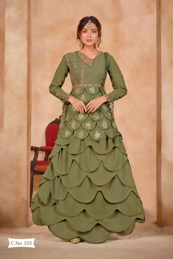 Olive Green Sweet Heart Neck Designer Flared Lehenga Suit