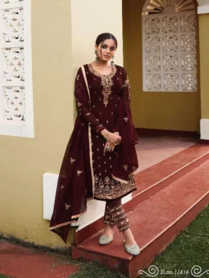 Coffee Brown Pakistani Suit Embroidered Butti Work Straight Suit in Georgette