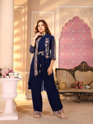 Navy Blue Designer Sleeve Embroidered Jacket With Palazzo Set