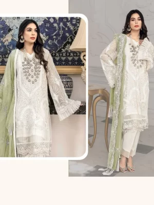 Mehandi and White Sweet Heart Neck Designer Pakistani Straight Dress