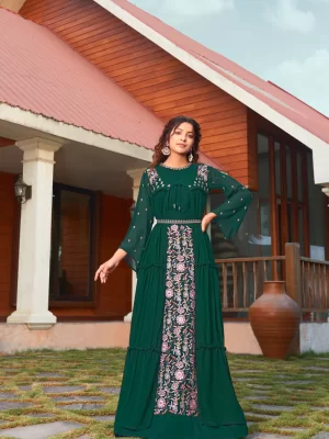 Forest Green Anarkali Flared Gown With Shrug in Georgette
