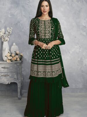 Dark Green Pakistani Suit with Designer Embroidered Butti Work Kurta Palazzo
