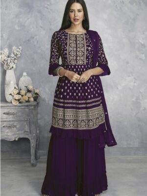 Dark Purple Pakistani Suit with Designer Embroidered Butti Work Kurta Palazzo