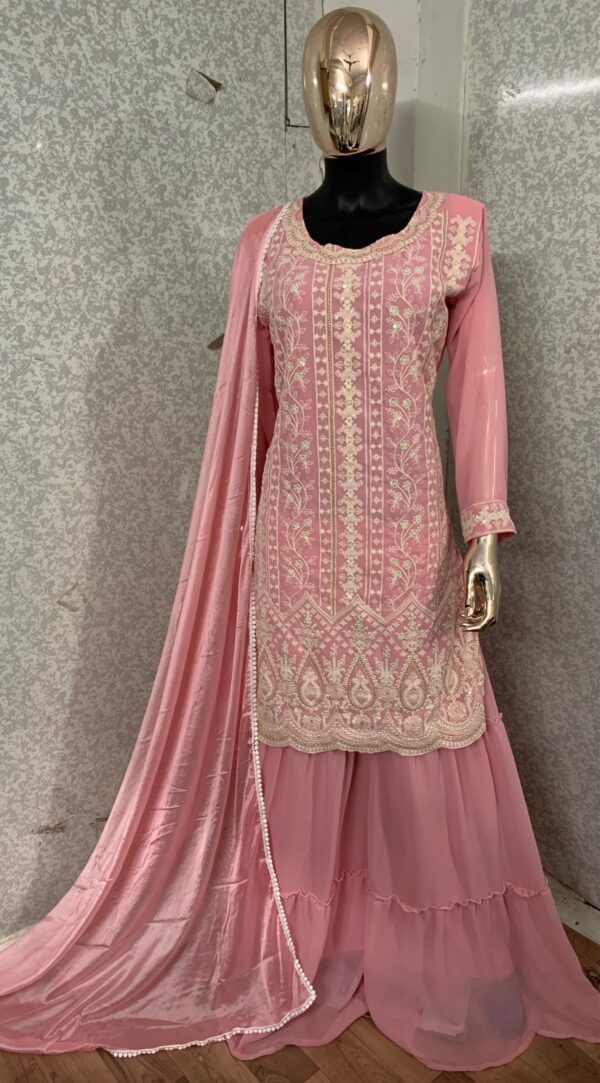 Light Pink Floral Crush Design Kurta Palazzo Suit In Georgette