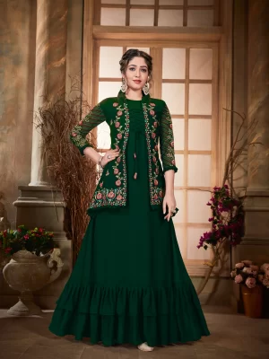 Forest Green Jacket Solid Designer Flared Top Gown