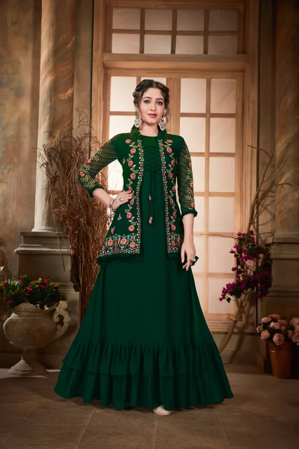 Forest Green Jacket Solid Designer Flared Top Gown