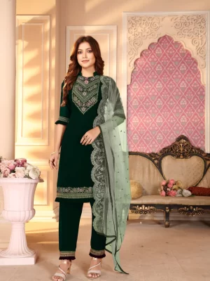 Bottle Green Georgette Embroidered Straight Kurta with Plazzo Pant