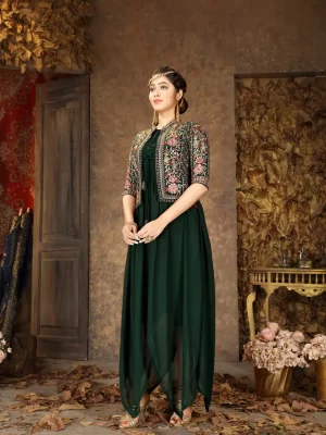 Bottle Green Flared Gown With Embroidered Mirror work Jacket