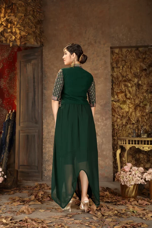 Bottle Green Flared Gown With Embroidered Mirror work Jacket