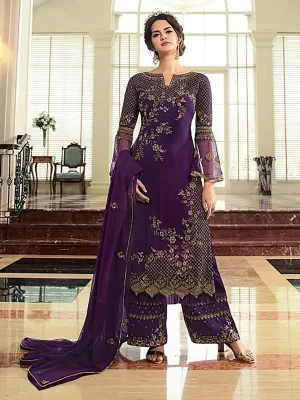 Dark Purple Embllished Floral Design Pakistani Kurta