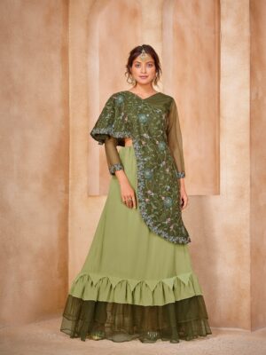 Pickle Green V neck Georgette Flared Embroidered top with Lehenga