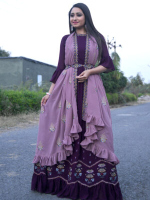 Deep Purple Embroidered Vintage Floral Design Anarkali Gown