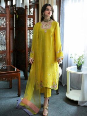 Sweet Heart Neck Yellow Embroidered Straight Kurta pakistani suits With Palazzo