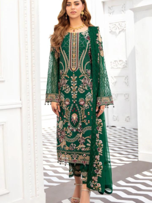 Bottle Green Round Neck Embroidered Straight Dress- Pakistani Suit