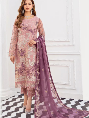 Zephyr Purple Boat Neck Embroidered Straight Dress-Salwar Kameez