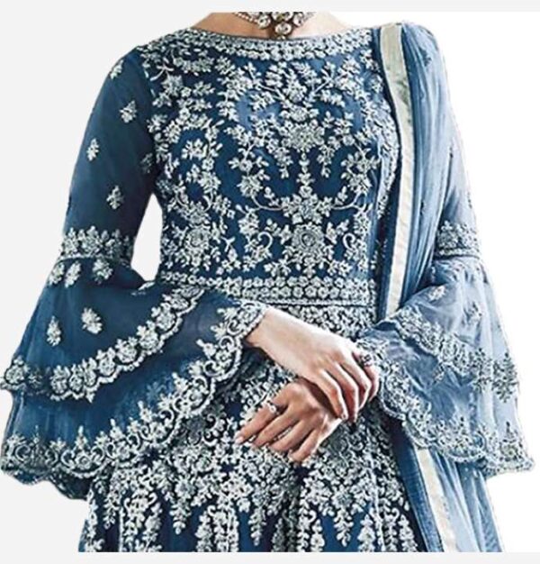 Rama Blue Embellished Florel Work Straight Salwar Set - Pakistani Suit