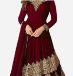 Cherry Red Lucknowi Work In Floral Pattern Lehenga Dress