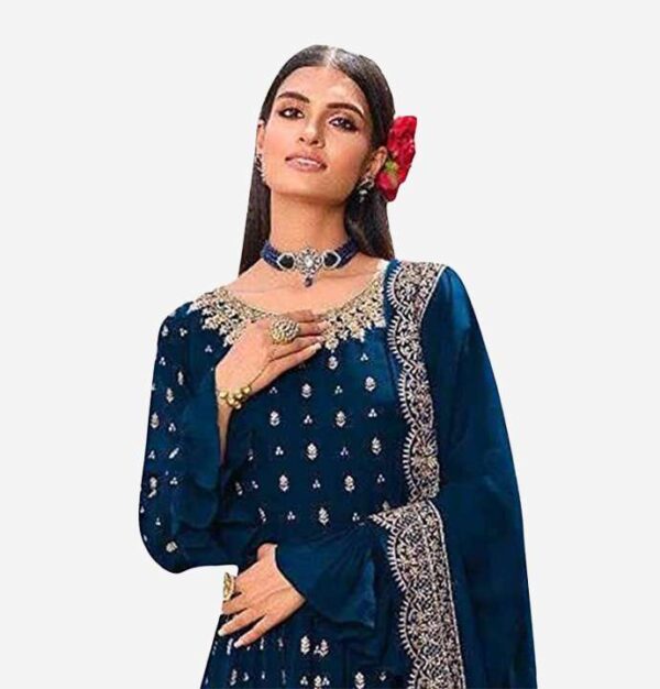 Rama Blue Round Neck Flared Top Pakistani Suit With Palazzo In Georgette