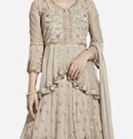 Cream Beige V Neck Elegant Embroidered Long Flared Gown