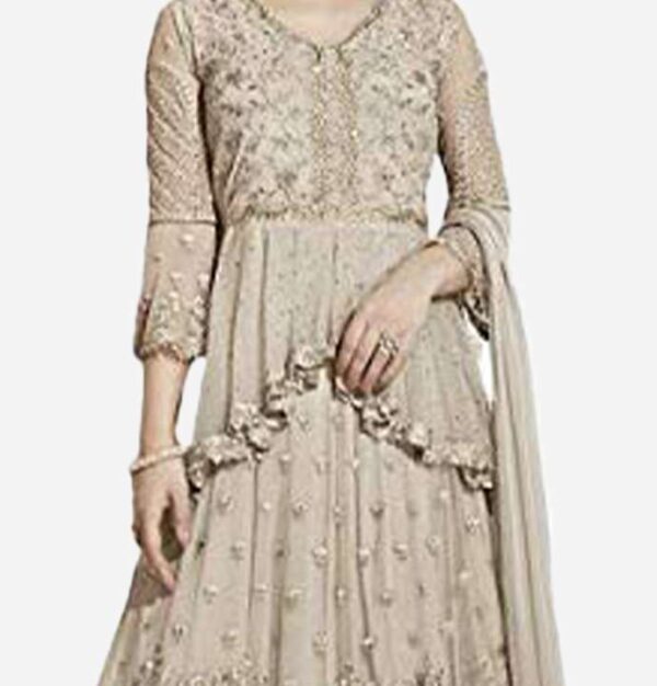 Cream Beige V Neck Elegant Embroidered Long Flared Gown