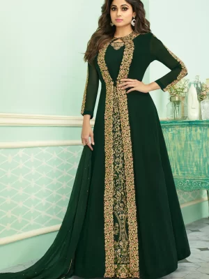 Forest Green Anarkali Flared Gown With Jacket in Georgette