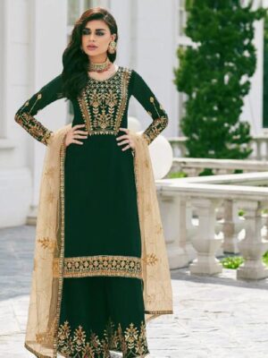 Bottle Green Georgette Sleeves Elegant Straight Salwar Suit