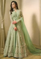 Light Green Banglory Silk Net Dupatta Embroidered Flared Gown