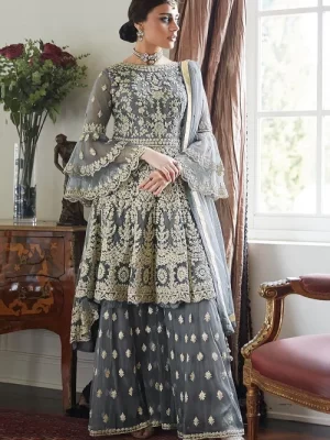 Grey Embellished Heavily Embroidered Work Kurta Palazzo - Pakistani Suit