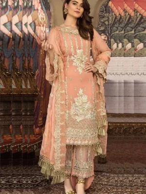 Melon Orange Round Neck Designer Embroidered Pakistani Salwar Suit