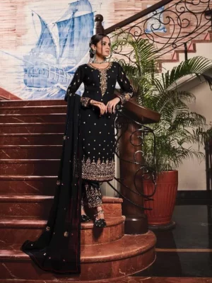 Raven Black Embroidered Butti Work Kurta Pakistani Palazza Suit