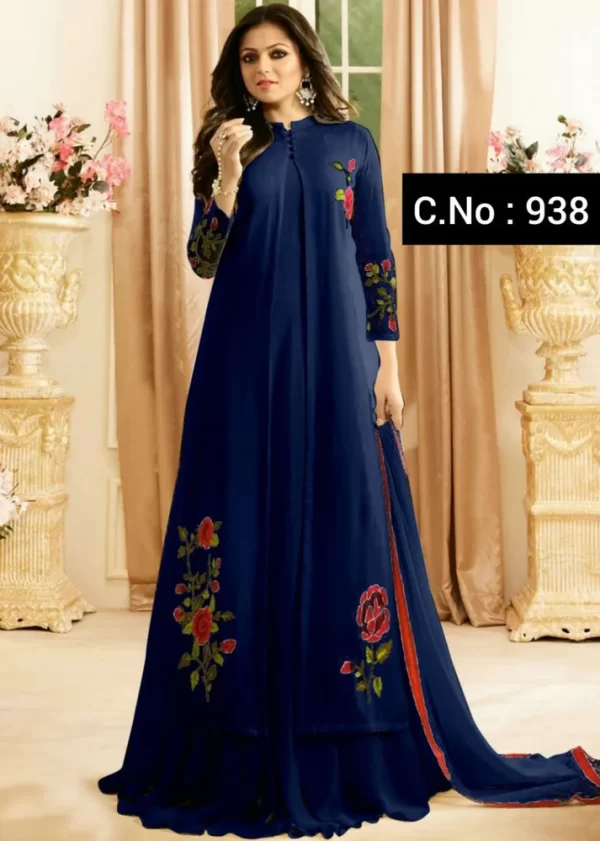 Navy Blue Full Neck Long-Flared Gown Dress - In Georgette