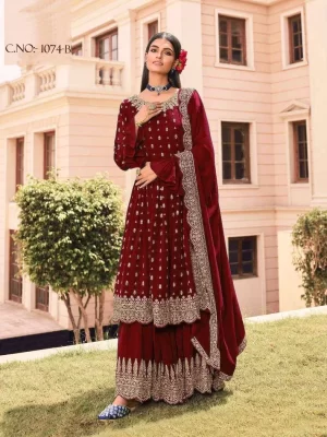Maroon Round Neck Flared Top With Palazzo -Pakistani Sharara Suits Online