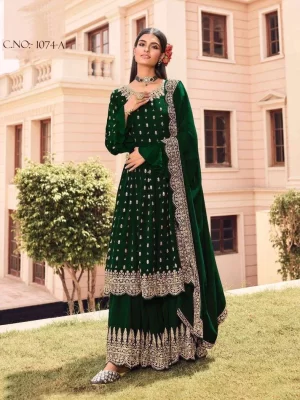 Pine Green Round Neck Flared Top With Palazzo- Pakistani Suit