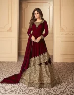 Cherry Red Lucknowi Work In Floral Pattern Lehenga Dress