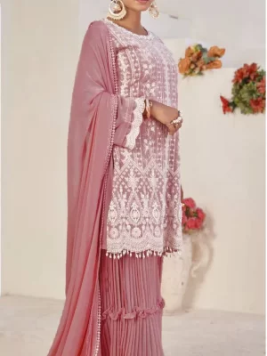 Light Pink Floral Crush Design Kurta Palazzo Suit In Georgette