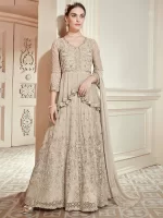 Cream Beige V Neck Elegant Embroidered Long Flared Gown