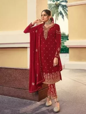 Apple Red Sweet Heart Neck Embellished Embroidered Butti Work - Pakistani Suit