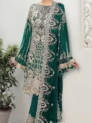 Bottel Green Round Neck Embellished Embroidered Work Pakistani Suit