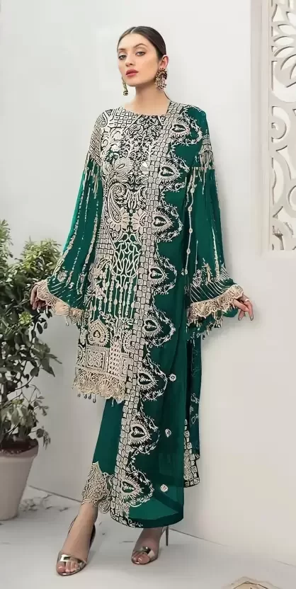 Bottel Green Round Neck Embellished Embroidered Work Pakistani Suit