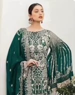 Bottel Green Round Neck Embellished Embroidered Work Pakistani Suit