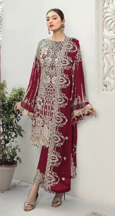 Maroon Round Neck Embellished Embroidered Work Pakistani Suit