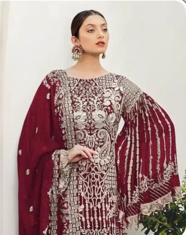 Maroon Round Neck Embellished Embroidered Work Pakistani Suit