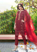 Regal Red Pakistani Salwar Suit with Semi-Stitched Organza Top and Embroidered Organza Dupatta