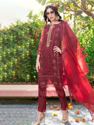 Regal Red Pakistani Salwar Suit with Semi-Stitched Organza Top and Embroidered Organza Dupatta